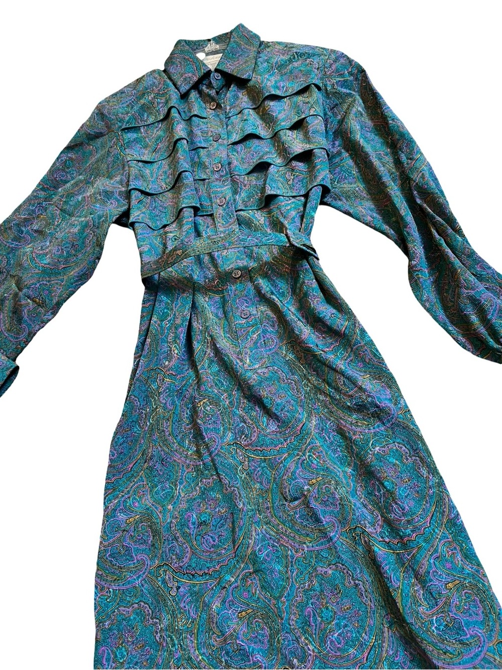 Vintage Schroder Sport Paisley Ruffle Blue Teal Belted Midi Dress Size 10P - Picture 3 of 6
